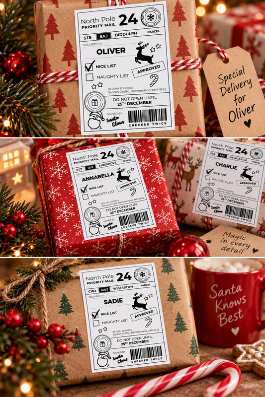 Three stacked holiday-themed photos showing wrapped gift boxes with printed shipping labels and a hanging tag reading 'Special Delivery for Oliver,' surrounded by Christmas decor like lights, ornaments, candy canes, and a red mug.