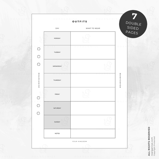 Outfits planner insert, clothing planning for neurodivergent adults, UK Roarganise