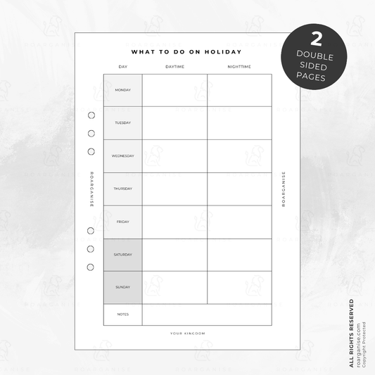 Holiday planner insert for ADHD and autism, travel organisation, UK Roarganise