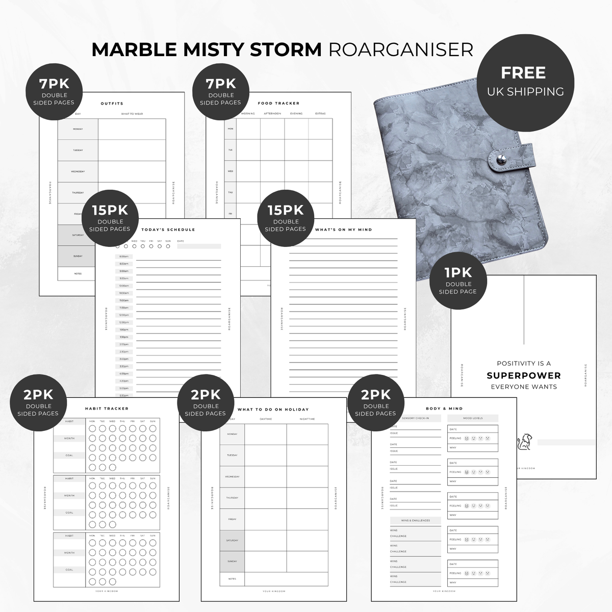 Roarganise Neurodivergent Bundle in Marble Misty Storm, sensory-friendly A5 planner for autistic adults, ADHD, executive dysfunction and everyday organisation in the UK
