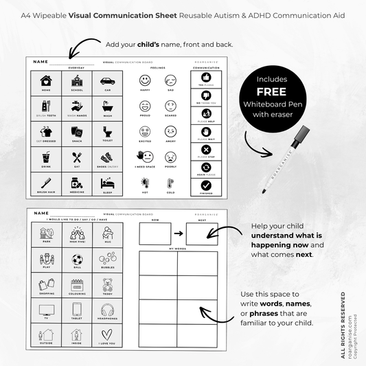 A4 wipeable visual communication board printable with example layouts, icons, and text instructions, plus a black circle noting a free whiteboard pen with eraser. The board is shown on a light gray background.