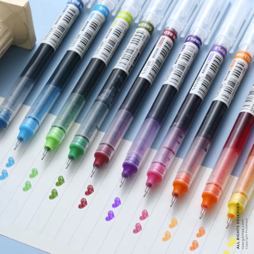 Roarganise 10 rainbow liquid gel pens with vibrant ink colours, perfect for planners, notebooks, journaling and creative projects.