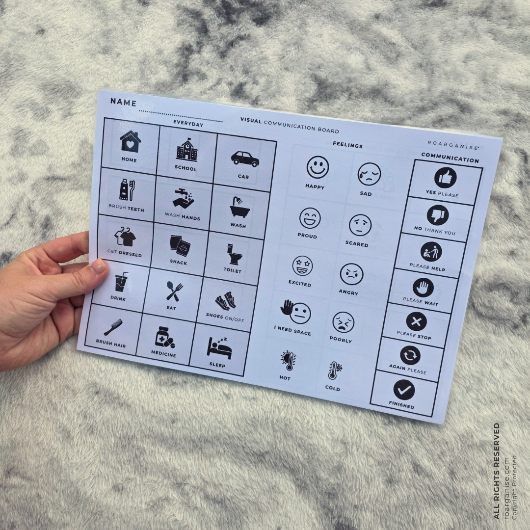 A4 dry wipe communication board folded in half for easy storage in a handbag, backpack or Roarganiser planner.