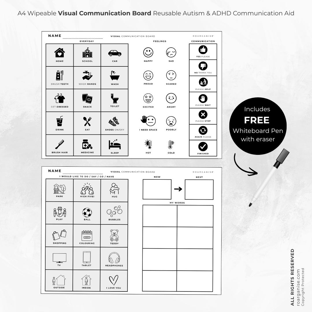 A4 wipeable visual communication board for children with autism, ADHD and SEND, including a free magnetic whiteboard pen.