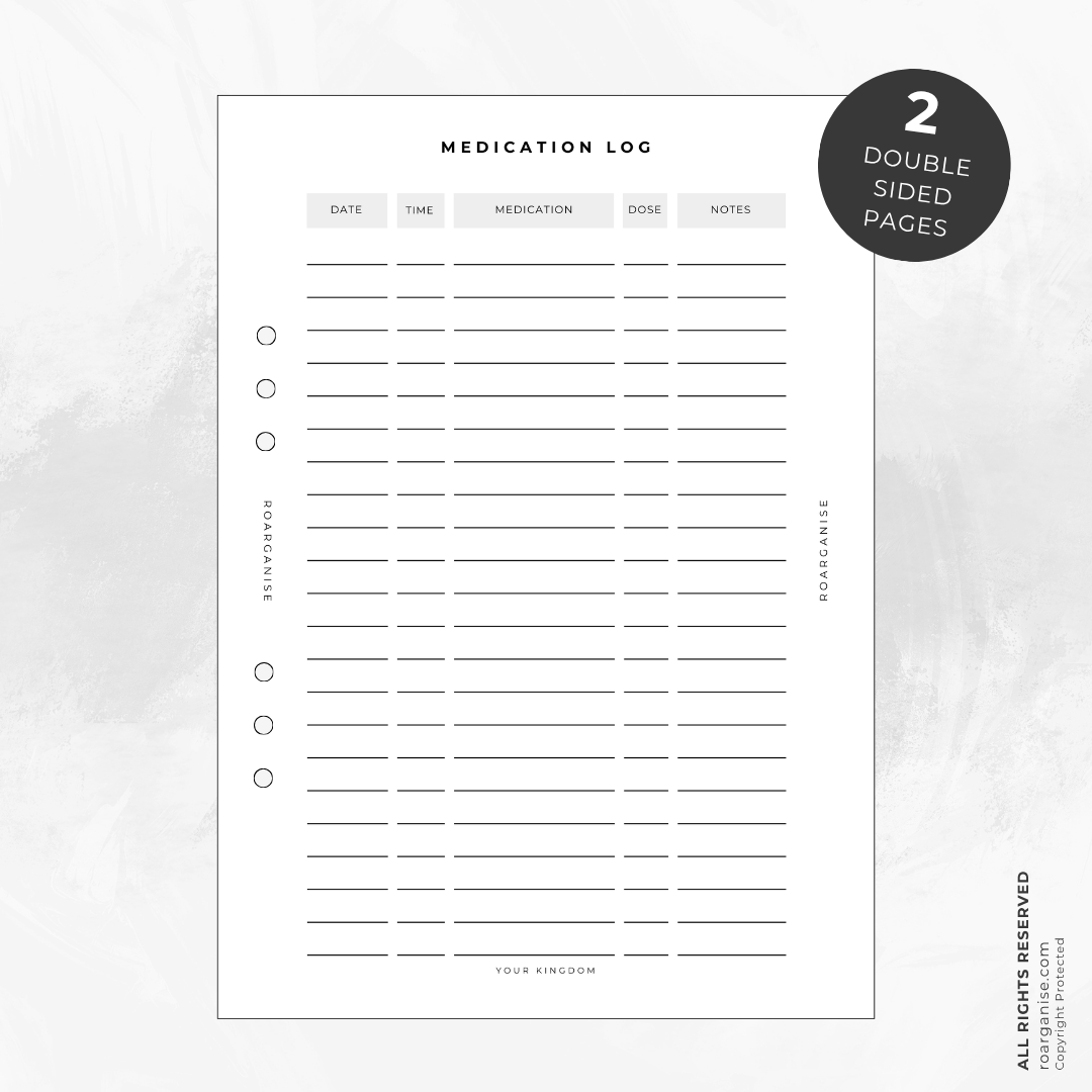 A5 Medication Log inserts for recording prescription medications, vitamins, supplements and daily medication schedules.