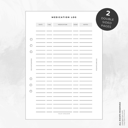 A5 Medication Log inserts for recording prescription medications, vitamins, supplements and daily medication schedules.