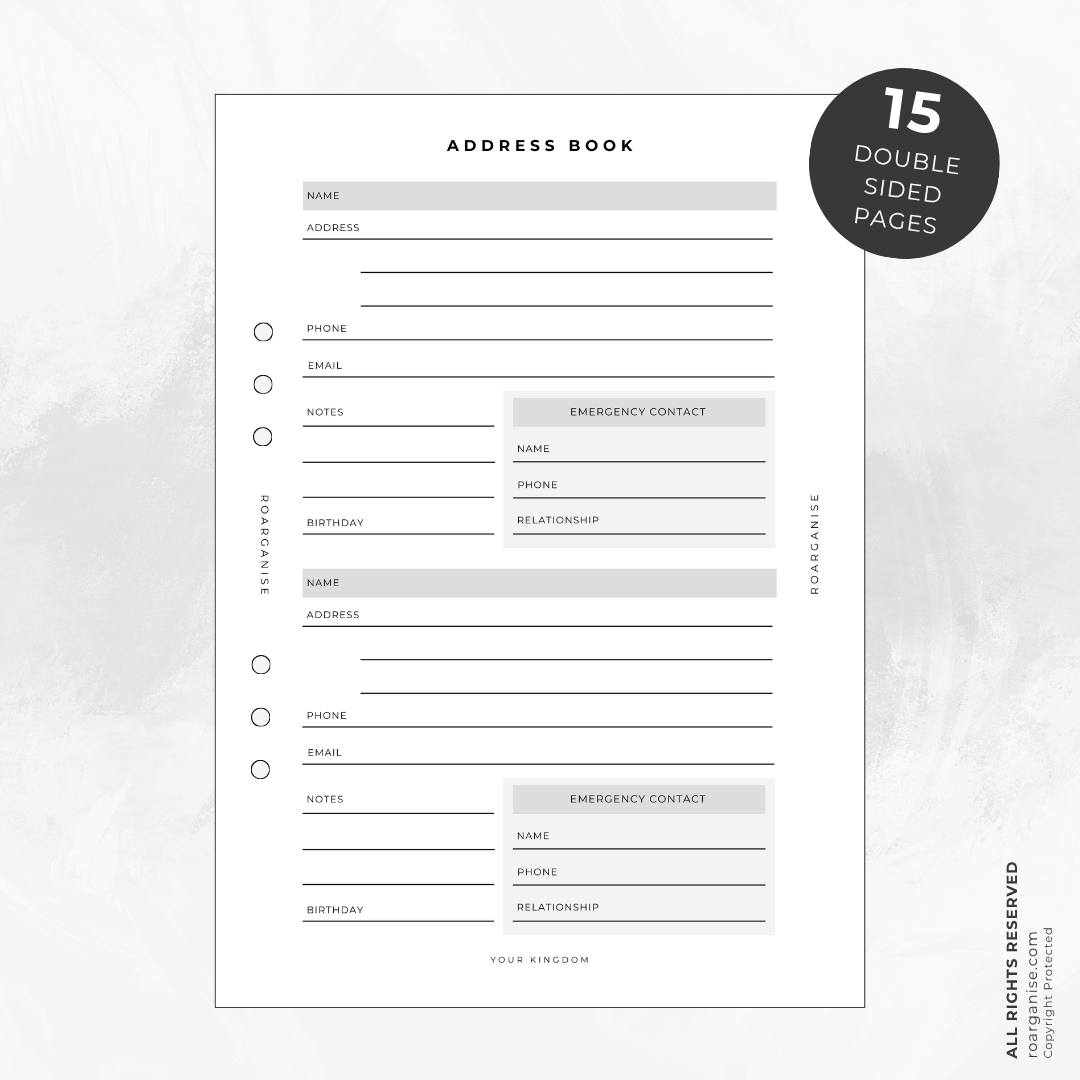 A5 contact organiser insert with space for names, addresses, telephone numbers, birthdays and emergency contacts