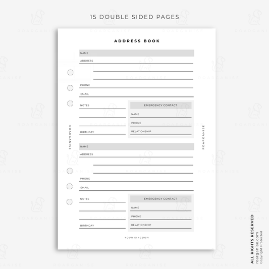 A5 address book planner insert with contact details, addresses, phone numbers, email addresses, birthdays and emergency contacts for a modular planner