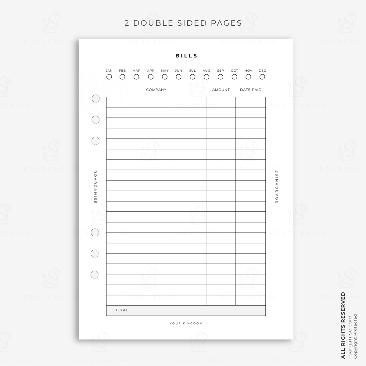 A5 bills tracker planner insert for organising monthly bills, companies, amounts and payment dates in a modular home finance planner