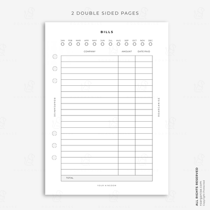 A5 bills tracker planner insert for organising monthly bills, companies, amounts and payment dates in a modular home finance planner