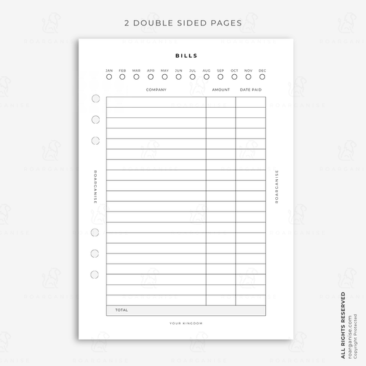 A5 bills tracker planner insert for organising monthly bills, companies, amounts and payment dates in a modular home finance planner