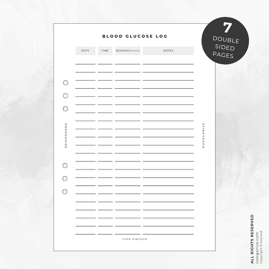 Blood Glucose Log A5 planner insert with space to record the date, time, blood glucose reading (mmol/L) and notes for daily blood sugar monitoring.
