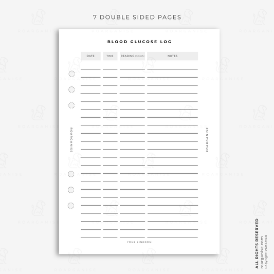 A5 blood glucose log planner insert for recording dates, times, blood glucose readings and notes in a modular health and wellness planner