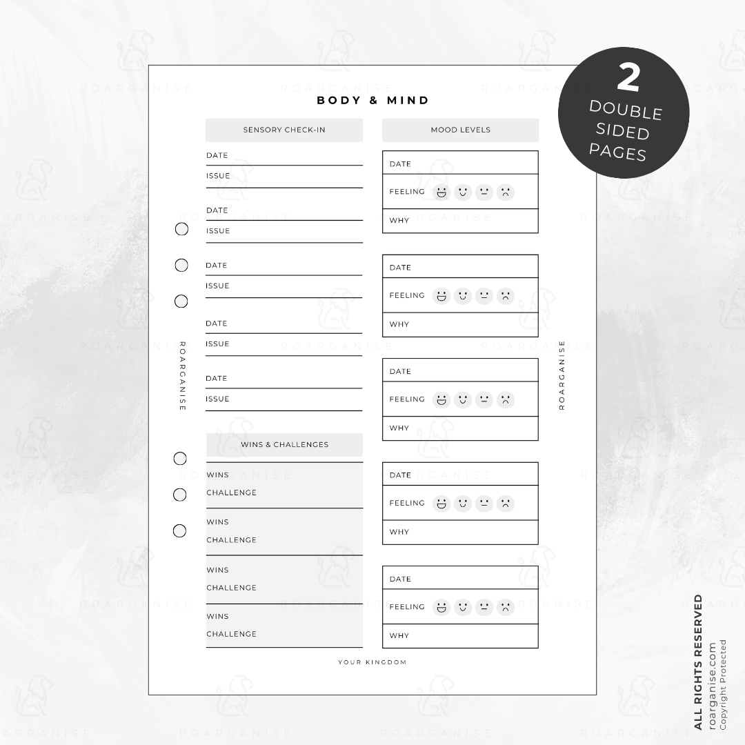A5 Body & Mind planner insert for tracking daily wellbeing, mood, energy, self-care and healthy routines in one organised place.