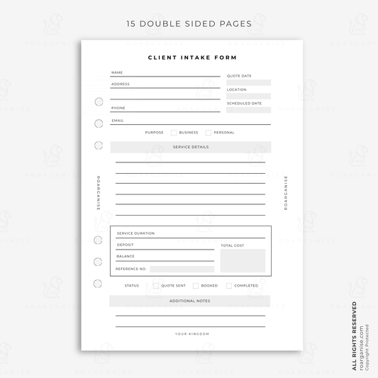 A5 client intake form planner insert for recording client details, appointments, service information, deposits, payments, status and notes for small businesses