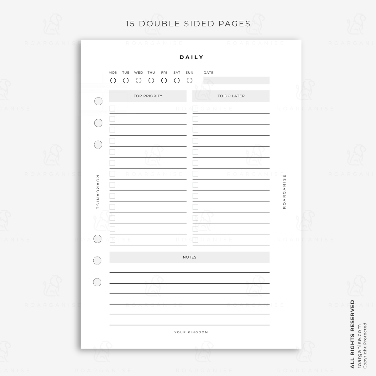 A5 daily planner insert with top priorities, tasks, later list and notes, designed for daily organisation, routines and executive function support