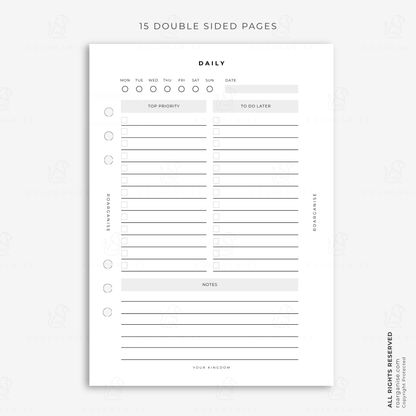 A5 daily planner insert with top priorities, tasks, later list and notes, designed for daily organisation, routines and executive function support