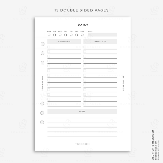 A5 daily planner insert with top priorities, tasks, later list and notes, designed for daily organisation, routines and executive function support
