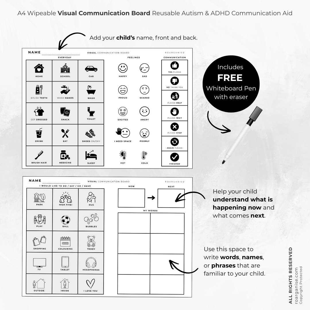 Double-sided reusable visual communication board with everyday symbols to support communication, routines and feelings.