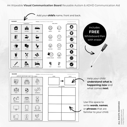 Double-sided reusable visual communication board with everyday symbols to support communication, routines and feelings.