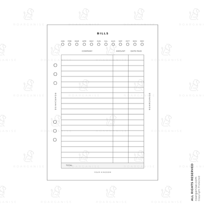Bills tracker insert for ADHD and autism, visual payment reminders, UK Roarganise