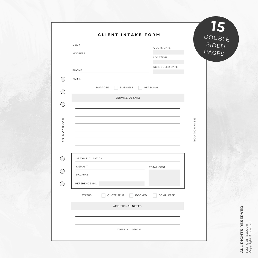 A5 client intake form for recording client details, appointments, services, deposits, balances and additional notes.
