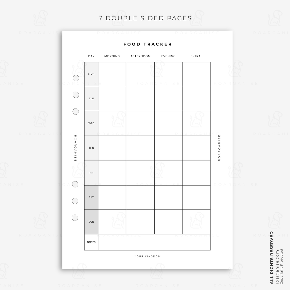 A5 food tracker planner insert for recording meals, food choices and daily eating habits, designed for meal planning, food tracking and wellness organisation in a modular planner