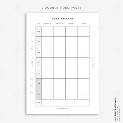 A5 food tracker planner insert for recording meals, food choices and daily eating habits, designed for meal planning, food tracking and wellness organisation in a modular planner