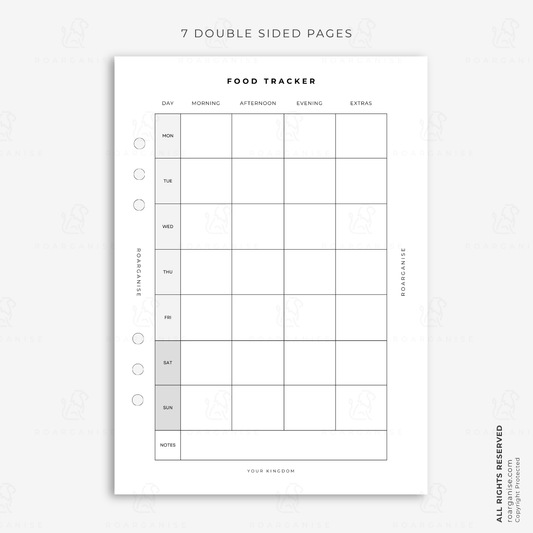 A5 food tracker planner insert for recording meals, food choices and daily eating habits, designed for meal planning, food tracking and wellness organisation in a modular planner