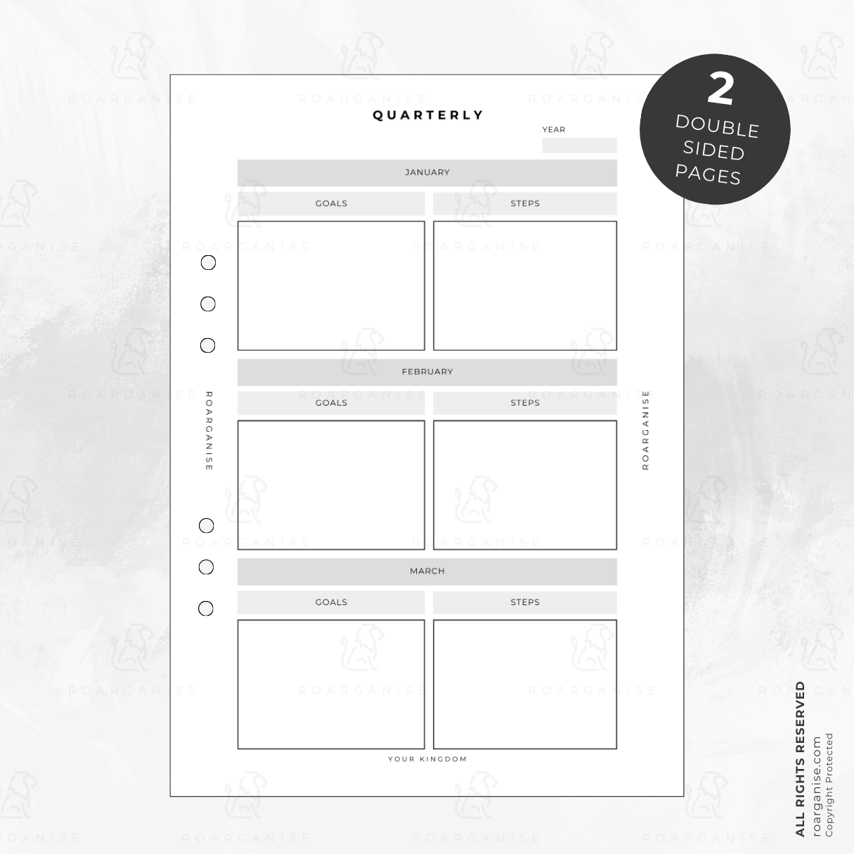 Roarganise Quarterly Planner Inserts showing Front and Back pages for January to December. Minimalist layout with Goals and Steps sections for each month, 6-hole punched for planners.