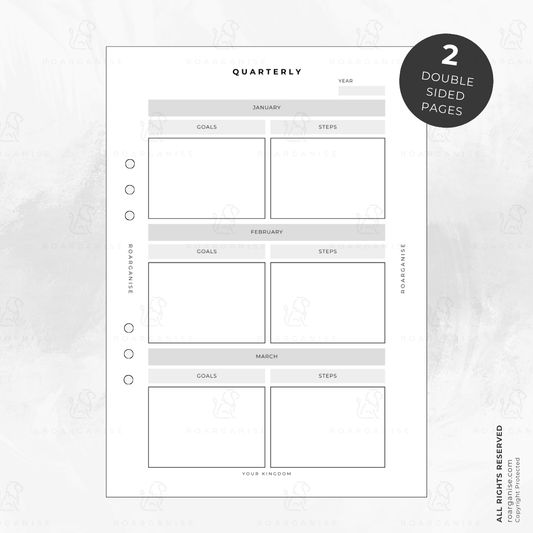 Roarganise Quarterly Planner Inserts showing Front and Back pages for January to December. Minimalist layout with Goals and Steps sections for each month, 6-hole punched for planners.