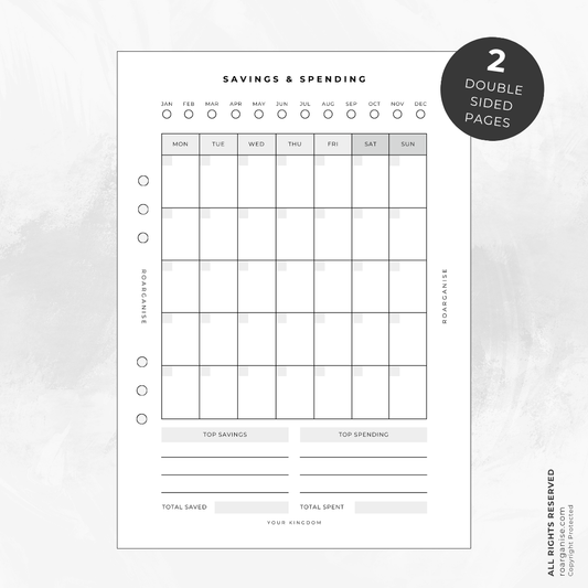 A5 Savings & Spending planner insert with a monthly layout for tracking daily spending, savings goals and managing personal finances.
