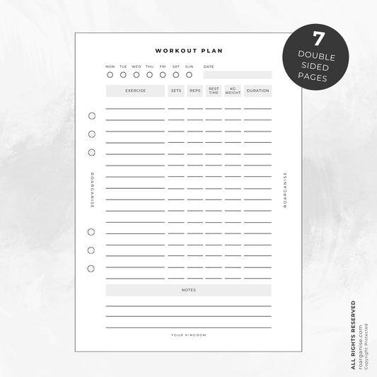 Workout planner insert, fitness routine for ADHD and autism, UK Roarganise