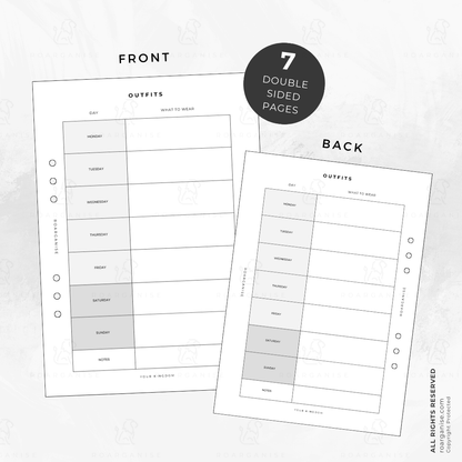 Outfits planner insert, clothing planning for neurodivergent adults, UK Roarganise