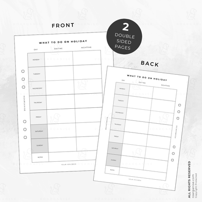 Holiday planner insert for ADHD and autism, travel organisation, UK