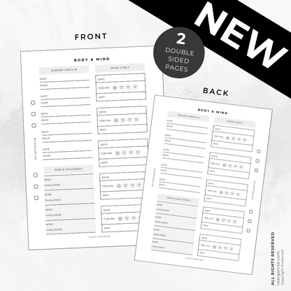 Body and mind tracker insert, mood and energy tracking, ADHD and autism, UK Roarganise | Doctors and occupational health therapist | Autism Adult Therapy | Child Autism Therapy aid | Autism Aid | Support Autistic Child