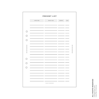 Present list insert, gift tracking for ADHD and autism, UK Roarganise
