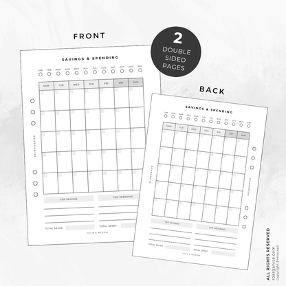 Roarganise Savings & Spending tracker featuring a minimalist black and white design to monitor weekly spending, monthly savings and budgeting progress.