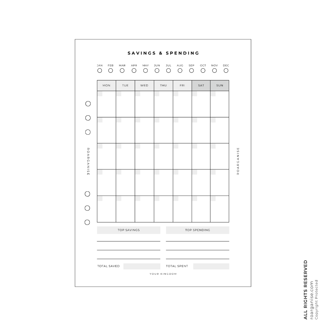 Premium A5 Savings & Spending planner insert for recording daily expenses, tracking savings, identifying spending habits and building better budgeting routines.