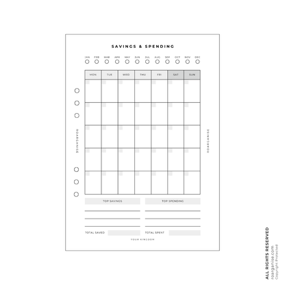 Premium A5 Savings & Spending planner insert for recording daily expenses, tracking savings, identifying spending habits and building better budgeting routines.