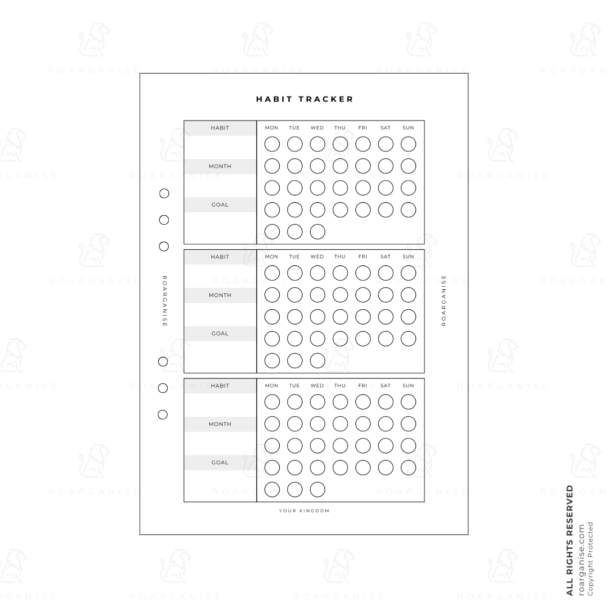 Roorganise Habit Tracker insert showing three tracking blocks with Goal and Month sections. Minimalist 6-hole punched page with Monday to Sunday tracking circles.