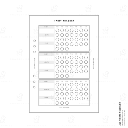 Roorganise Habit Tracker insert showing three tracking blocks with Goal and Month sections. Minimalist 6-hole punched page with Monday to Sunday tracking circles.