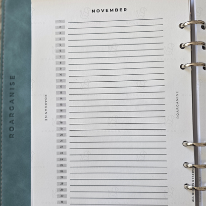 undated monthly dashboard, A5 six ring planner inserts, positive monthly messages, reusable planner inserts, minimalist black and white planner, ADHD planner UK, autism planner UK, neurodivergent stationery, Roarganise, monthly planning