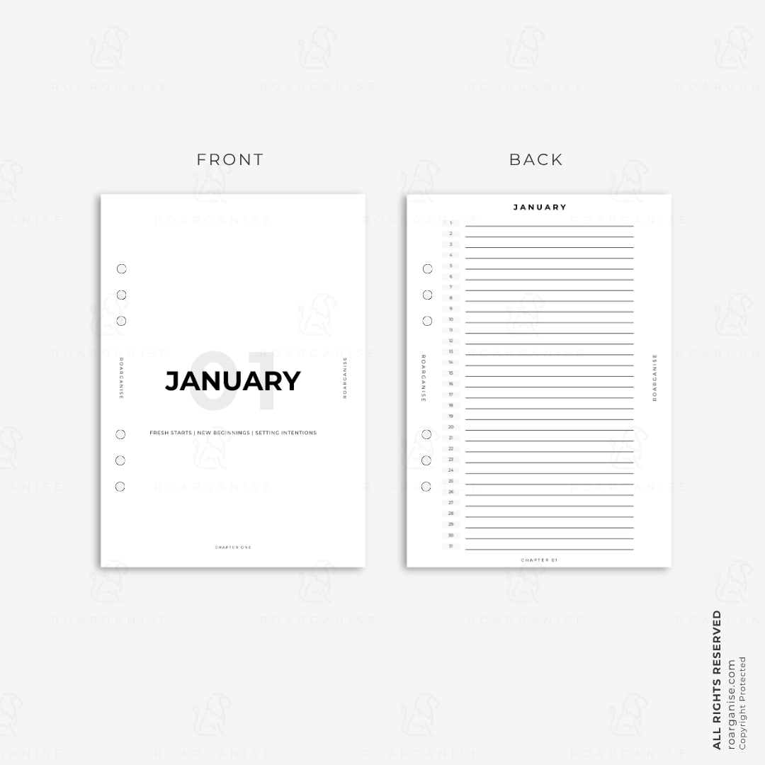 monthly dashboard planner, undated planner inserts, Roarganise, A5 planner inserts, monthly planning, ADHD planner, autism planner, neurodivergent planner, minimalist planner, positive planner