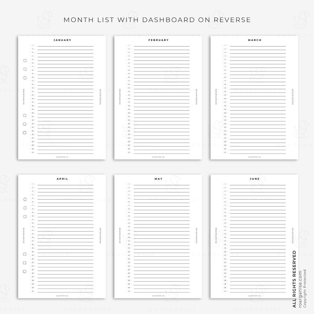 January dashboard insert, fresh start planner, positive monthly message, undated monthly planner, A5 planner refill, new beginnings planner, ADHD planner UK, autism planner UK, Roarganise inserts, black and white planner