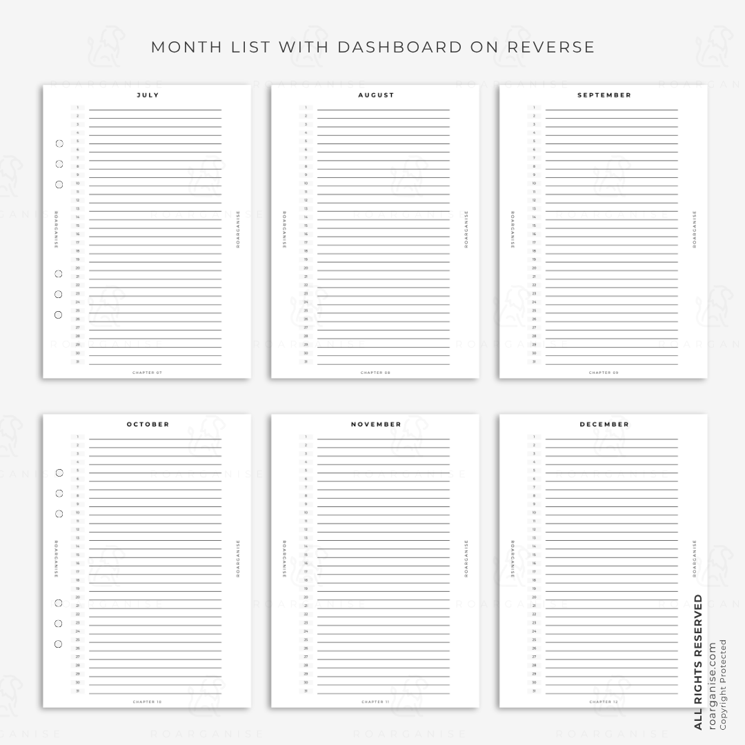 monthly dashboard covers, January to June planner, positive planner inserts, undated monthly dashboards, A5 planner system, ADHD friendly stationery, autism friendly planning, minimalist planner inserts, Roarganise, monthly motivation