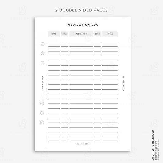 A5 medication log planner insert for recording medication names, doses, dates, times and notes in a personal health and wellness planner
