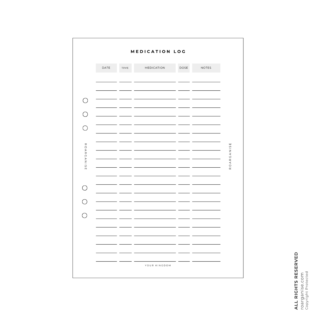 Medication tracker planner inserts designed for carers, families and individuals to organise prescriptions and health records.