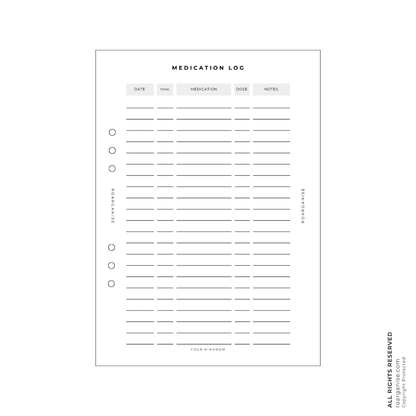 Medication tracker planner inserts designed for carers, families and individuals to organise prescriptions and health records.