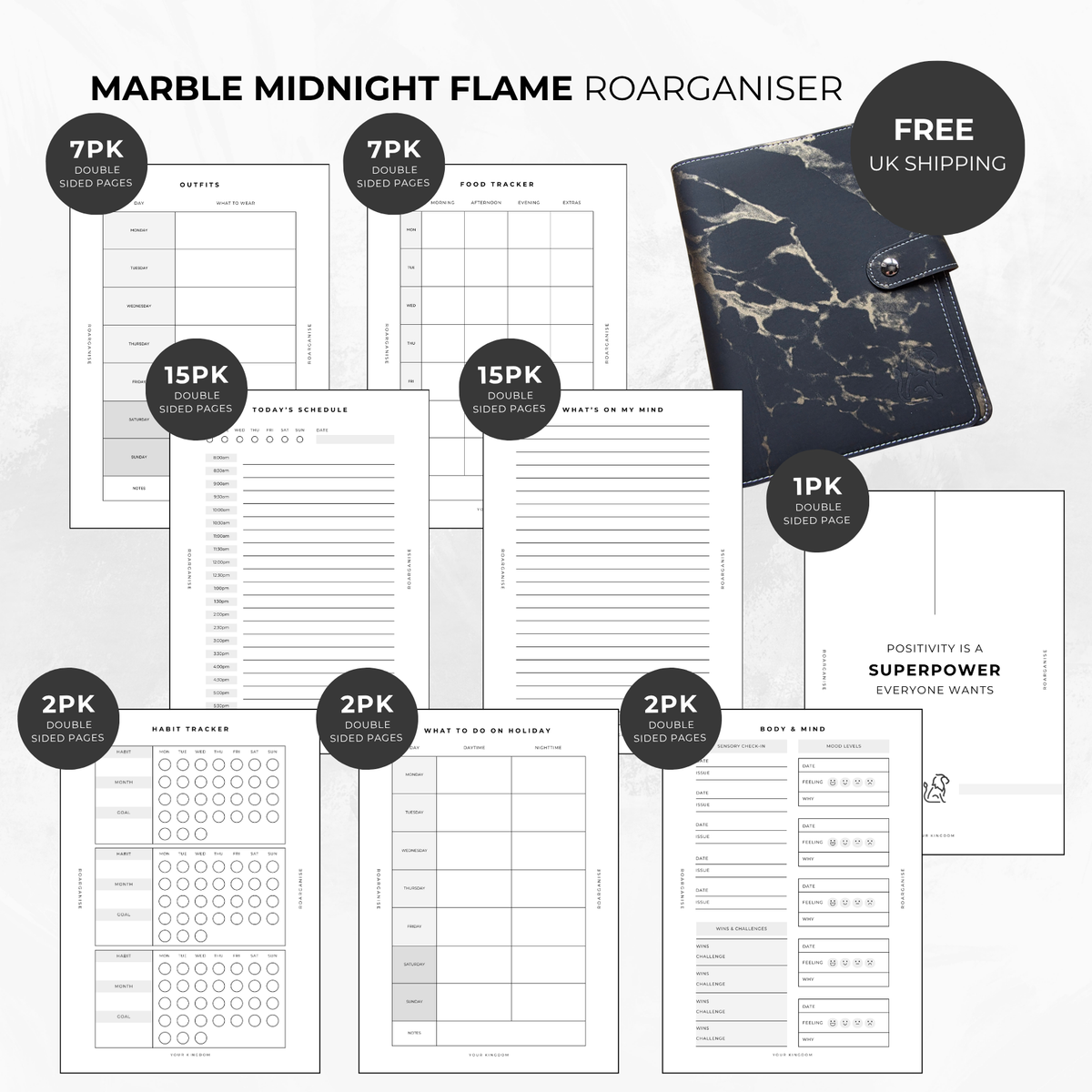 Roarganise Neurodivergent Bundle in Marble Midnight Flame, sensory-friendly A5 ADHD and autism planner with undated planning inserts, designed by an autistic UK business